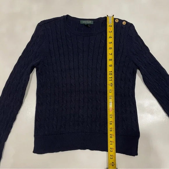 Lauren Ralph Lauren Navy Blue Cable Knit Sweater Button Details Petite Medium - Picture 7 of 8